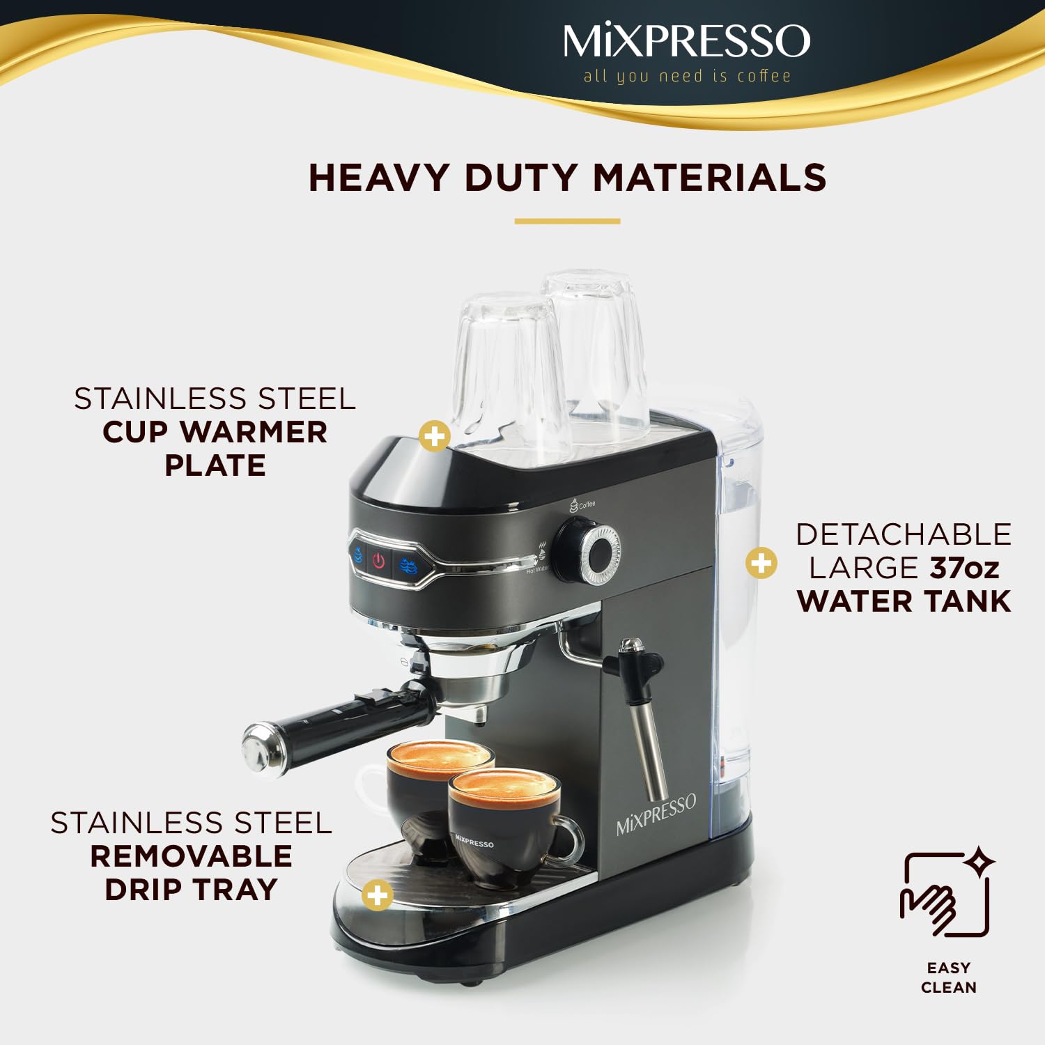 Mixpresso Professional 15 Bar Espresso Machine with Milk Frother - Fast Heating 1450W, Double Cup Splitter & 37Oz Water Tank - Perfect for Home Baristas Making Espresso, Cappuccino & Latte (Ideal for Small Kitchens, Offices & Coffee Enthusiasts)
