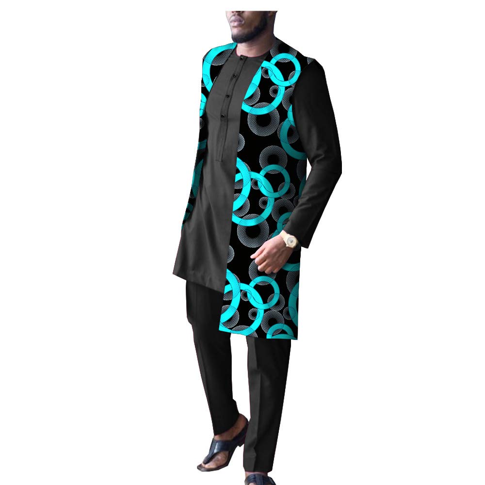 Africa Pride Men's Dashiki Tribal Clothing 3-Piece Set - Long Coat Jacket, Print Shirt & Pants - Traditional African Outfit for Weddings, Parties & Cultural Events