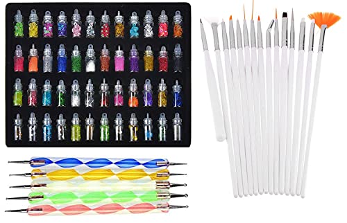 ELDERWAND 68 Pcs Nail Art Kit - 48 Bottles 3D Nail Polish, 15 Nail Art Brushes & 5 Double Sided Dotting Tools | Professional Manicure Set for DIY Nail Designs at Home, Salon | Perfect Gift for Women & Girls