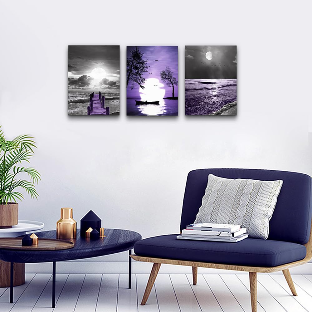 Lapremoly 3-Panel Canvas Wall Art - Black and White Purple Ocean Landscape Painting for Living Room, Bedroom, Office Decor | Modern Farmhouse Wall Decor | Perfect for Home, Apartment & Workspace