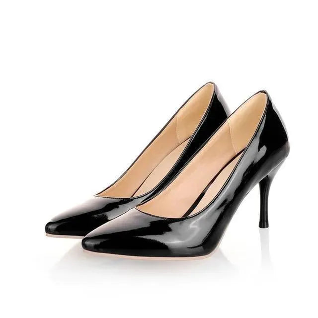 Stylish Solid Patent Leather Heeled Pumps - Women's Classic Pointed Toe High Heel Dress Shoes for Office, Party & Special Occasions