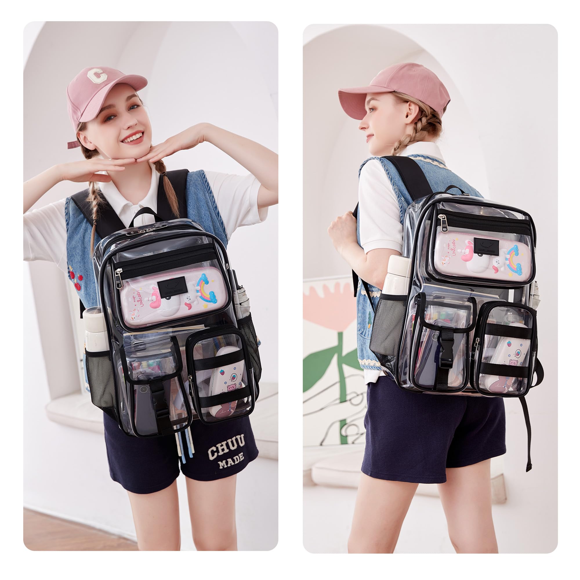 Clear Transparent Backpack for School & Travel - Heavy Duty Stadium Approved See-Through Bookbag for Women, Girls & College Students (Black) - Perfect for Security Checks, Work, Classes & Outdoor Activities