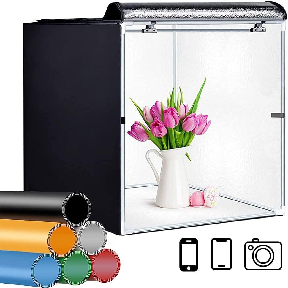 32x32 Inch GLZ Photo Studio Light Box Kit - Dimmable & Adjustable LED Lights, 6 Color Backdrops (White/Black/Orange/Blue/Green/Red) + Carry Bag - Perfect for Product Photography, Jewelry Display & Ecommerce Listings