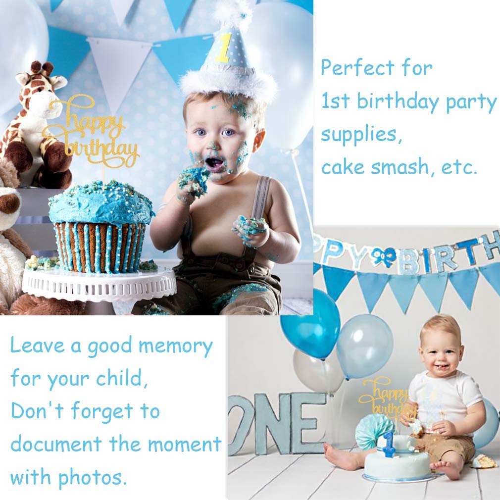 Gold Glitter Happy Birthday Cake Topper - Single-Sided Photo Booth Prop for 1st Anniversary & Cake Smash Decor | Party Supplies for Birthday Celebrations, Baby Showers & Special Events