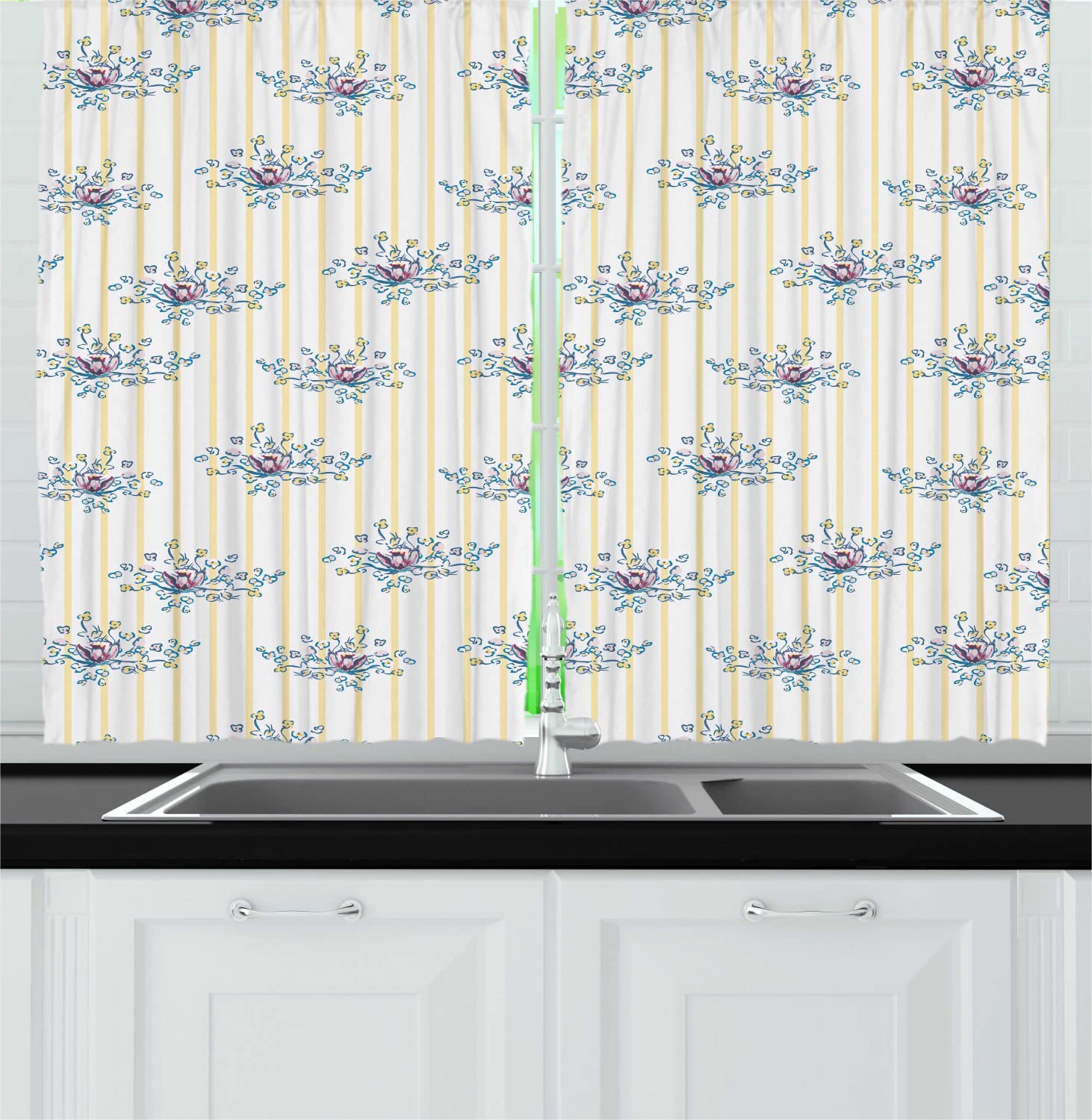 Ambesonne Classic Long Kitchen Curtains - Floral Wedding Theme with Bridal Rose Bouquets & Stripes, 2 Panel Rod Pocket Drapes (55x45 Inch) - Violet Blue Pink White for Dining Room, Bridal Shower & Home Decor