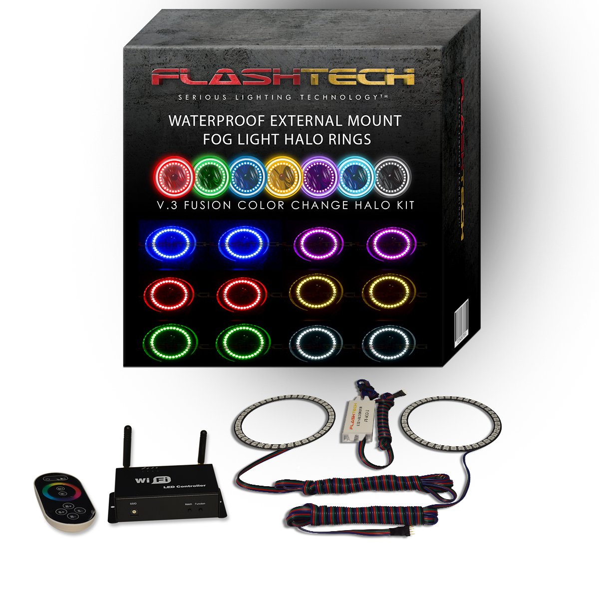 Flashtech LED RGB Multi-Color Waterproof Halo Ring Fog Light Kit with V.3 Fusion Color Change & WiFi Remote - Compatible with Dodge Charger 2011-2014 | Off-Road, Car Customization, Night Driving Enhancement