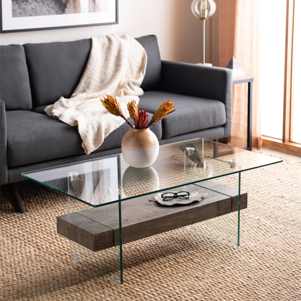 Safavieh Kayley Modern Glass and Grey Oak Coffee Table - Stylish Living Room Centerpiece for Home Décor