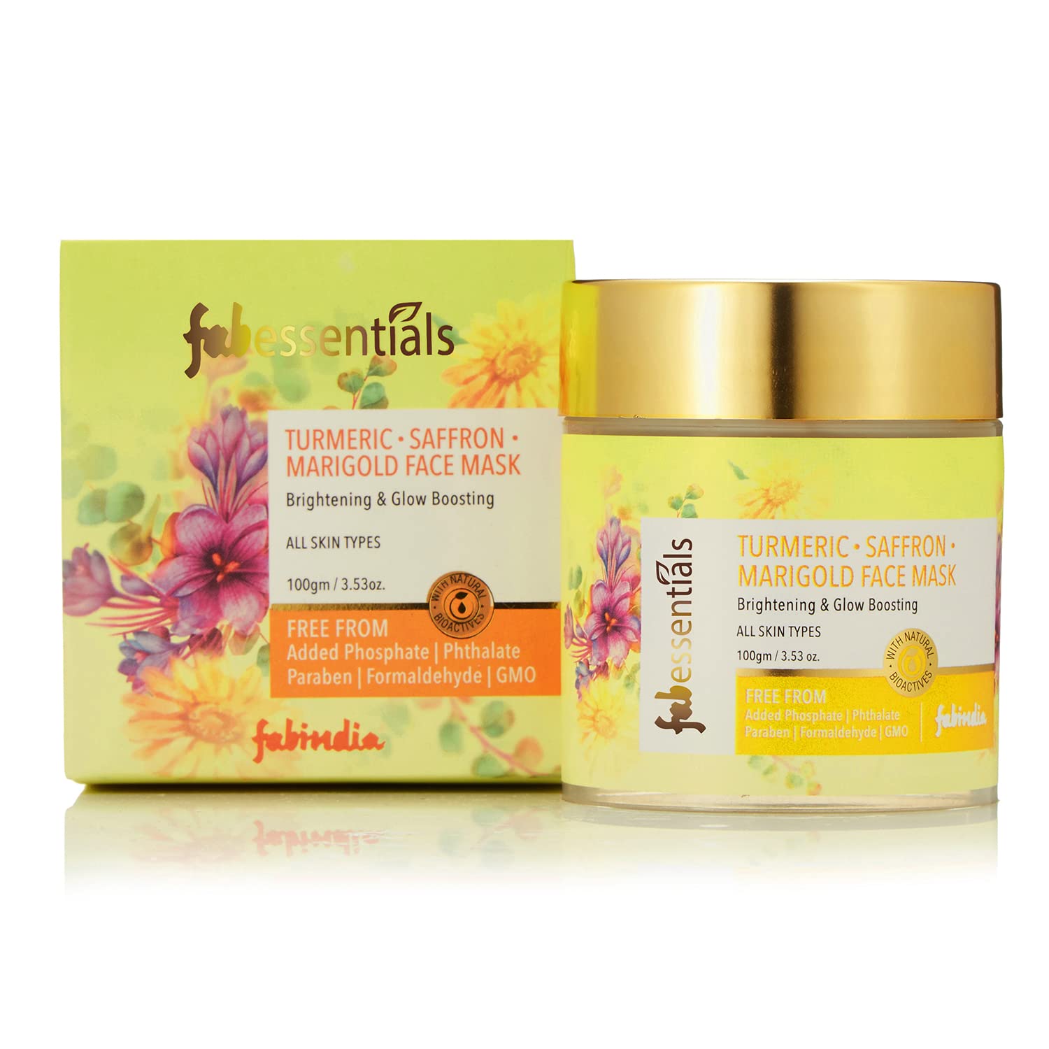 Fabessentials Turmeric Saffron Marigold Face Mask - 100g | Kaolin & Bentonite Clay Brightening Facial Treatment | Natural Tan Removal & Glow Boosting Mask | Paraben-Free Skincare | For Radiant, Even-Toned Skin | Perfect for Daily Use & Spa Nights