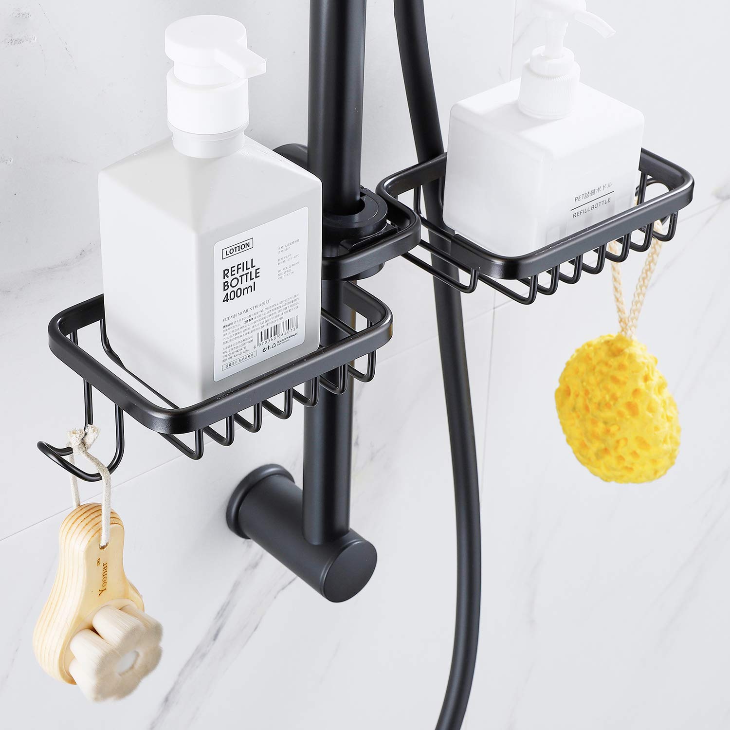 Black Kitchen Faucet Organizer Set - Sponge Holder, Soap Dispenser & Shower Caddy for Slide Bar - Space Saving Bathroom & Kitchen Storage Solution (Perfect for Small Spaces & RV Use)