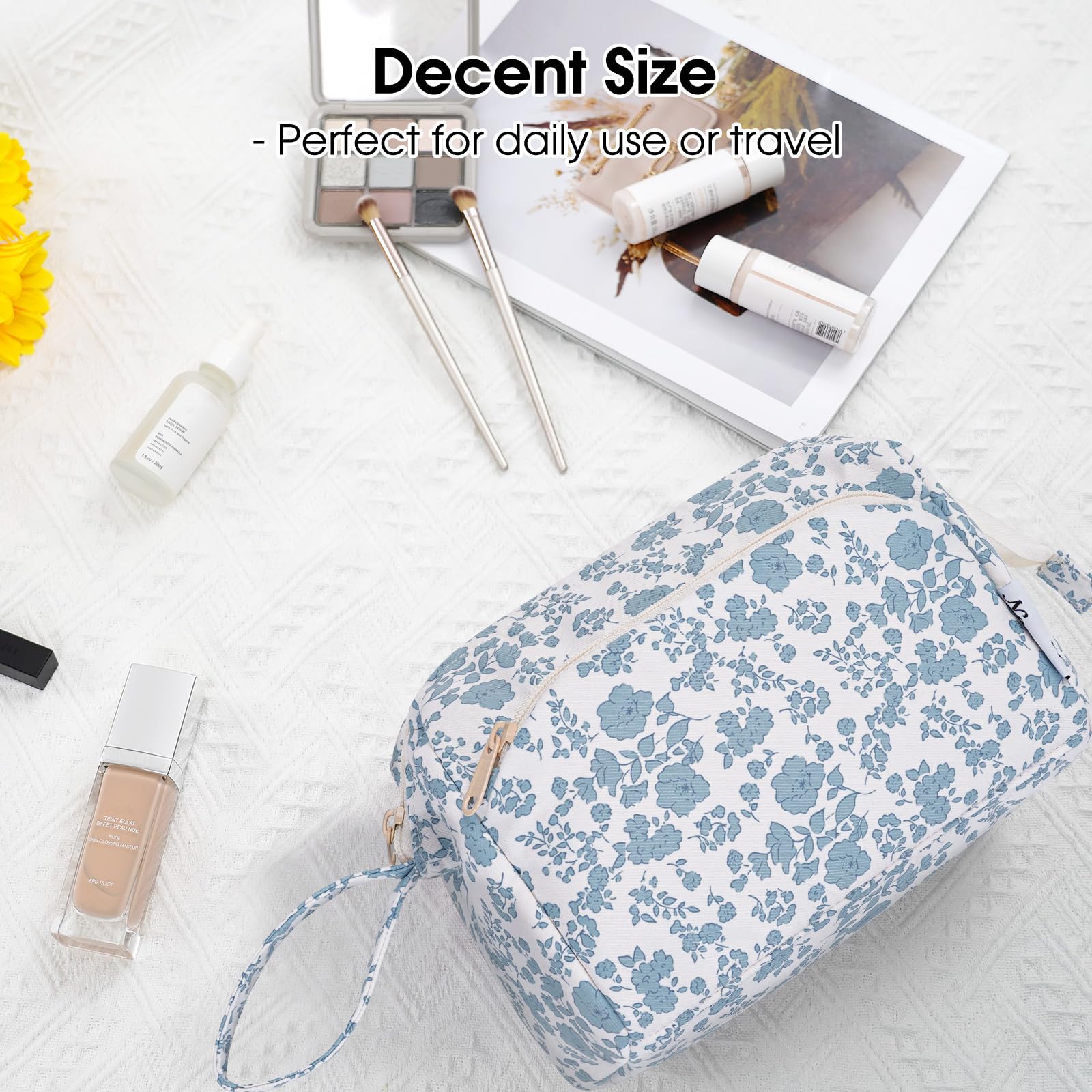 Narwey Floral Makeup Bag - Large Open Cosmetic Organizer for Travel, Toiletry Storage & Beauty Accessories (Little Blue Flower) - Perfect for Travel, Gym, Home & Daily Use