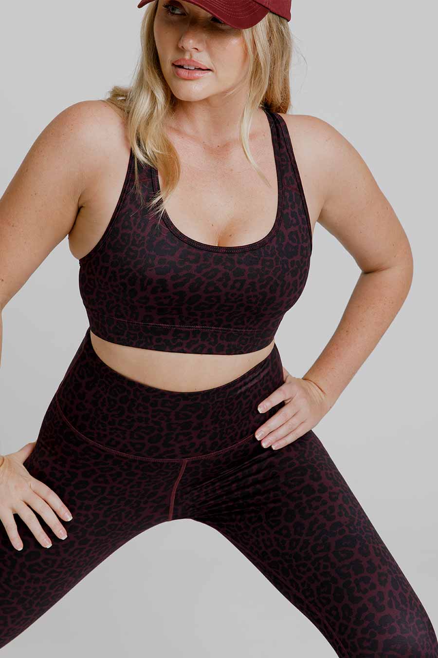 Training Move Crop Wine Leopard Print Sports Bra - High Support Workout Top for Yoga, Running & Gym