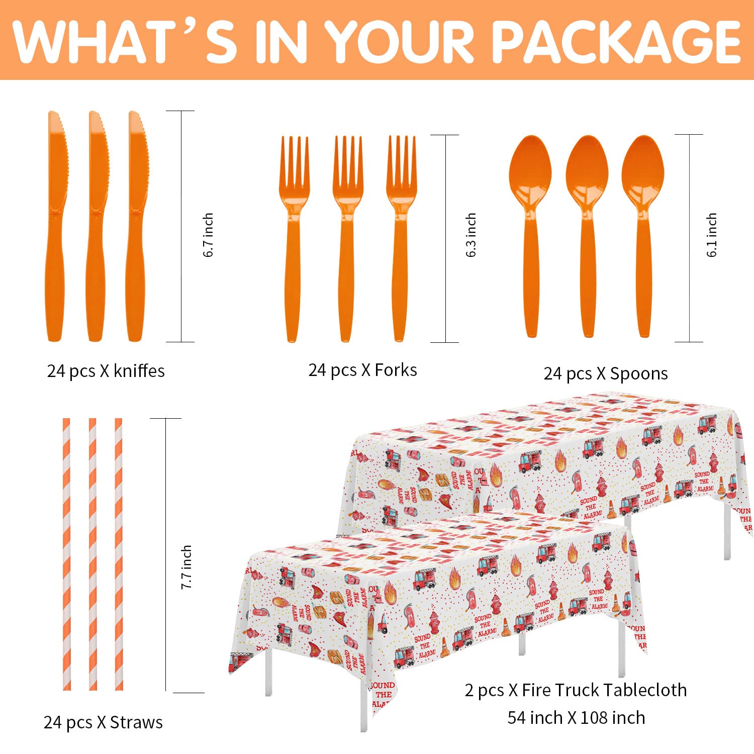 Fire Truck Birthday Party Supplies Set - 24-Piece Firefighter Themed Tableware Kit with Plates, Cups, Napkins, Tablecloth, Cutlery & Straws | Perfect for Fireman Themed Birthday Parties, Kids Celebrations & Emergency Service Appreciation Events