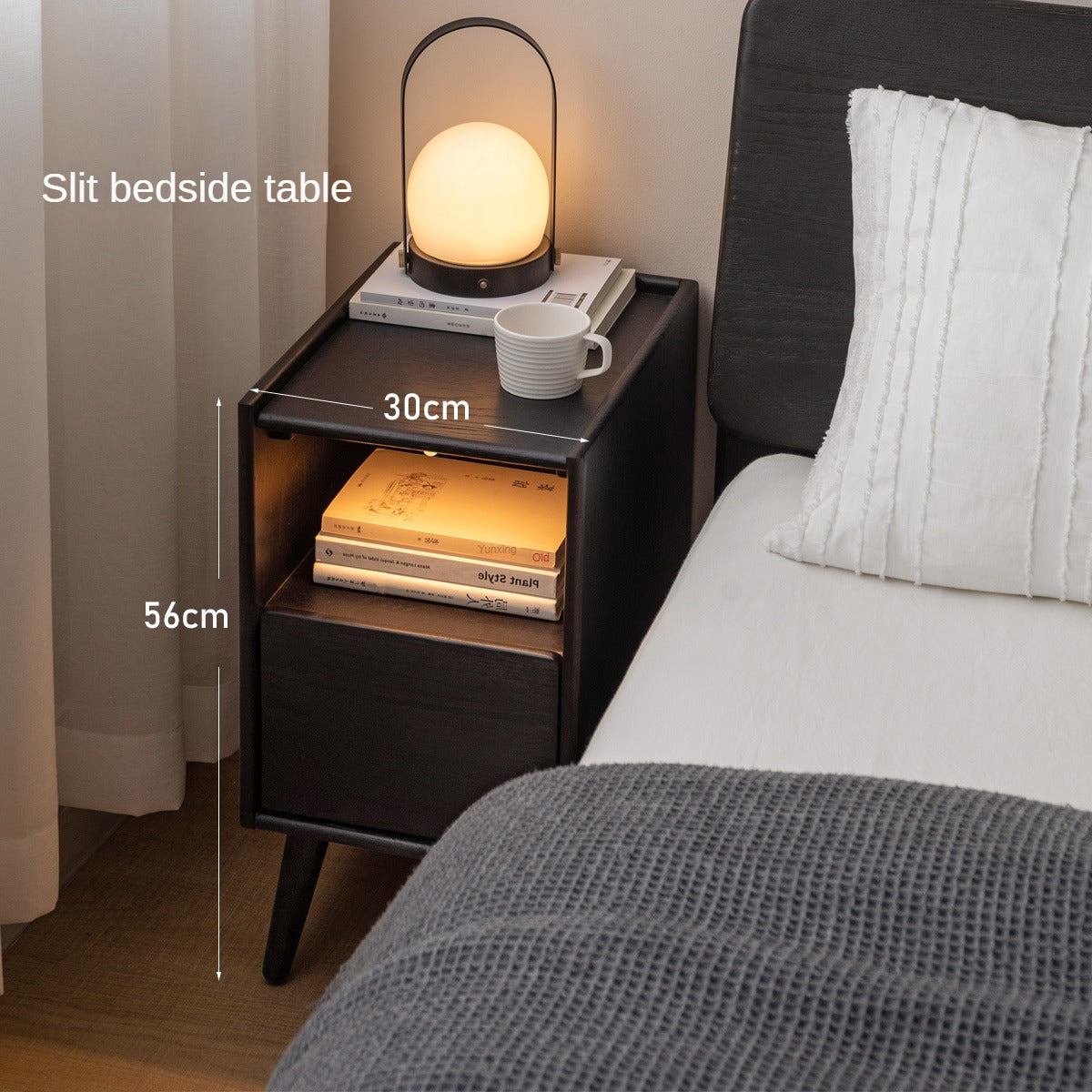 Solid Oak Wood Ultra Narrow Nightstand with Soft Light Sensor - Perfect for Small Bedrooms, Apartments, and Cozy Spaces