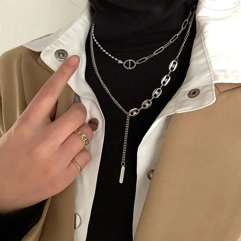 Asymmetric Silver Tassel Pig Nose Layered Chain Necklace for Women - Trendy Boho Chic Jewelry Gift for Party, Date Night & Special Occasions | X1123