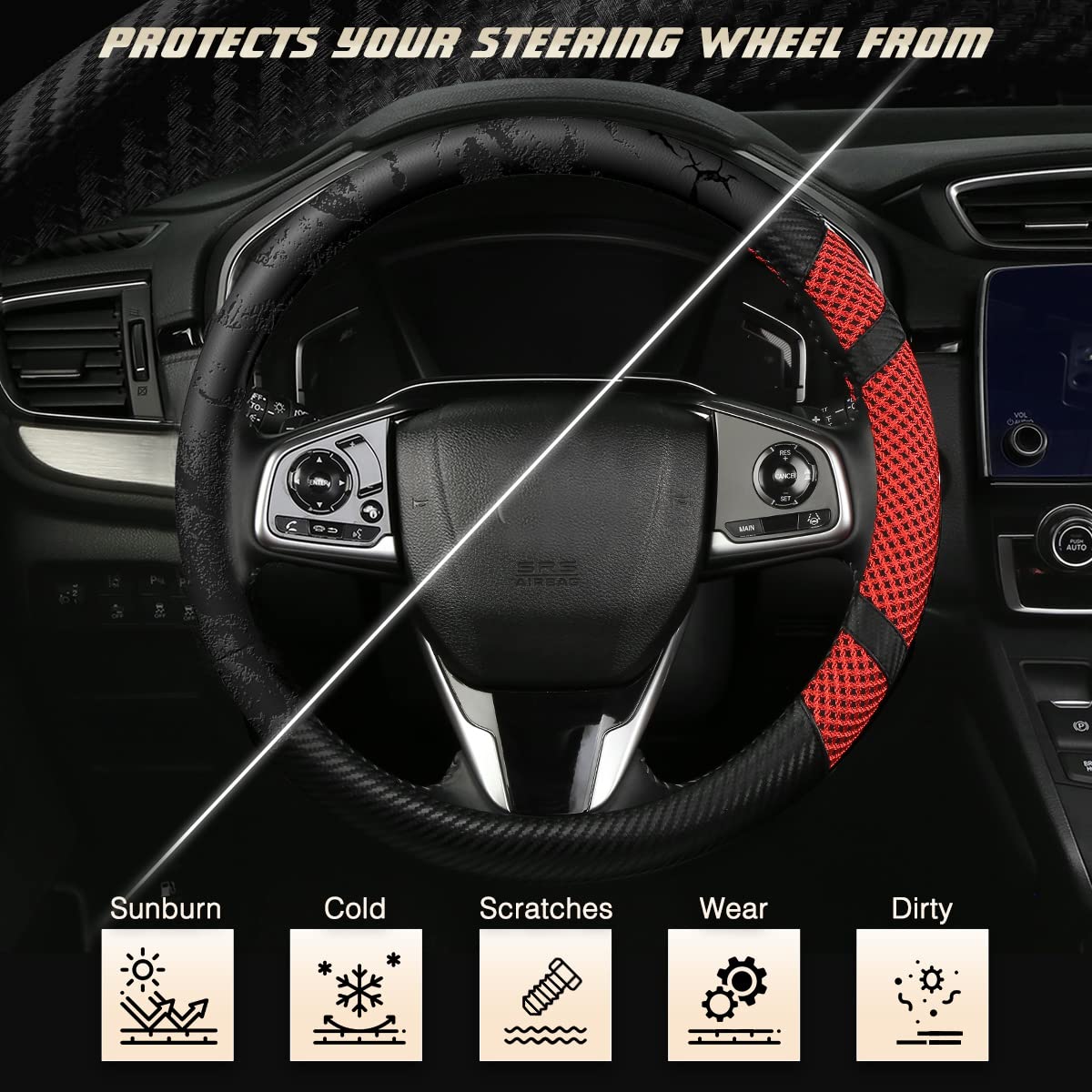 BOKIN Carbon Fiber Steering Wheel Cover - Universal 14.5-15 Inch Auto Accessory, Microfiber Leather with Breathable Ice Silk Design for Summer Cooling & Winter Warmth - Red Carbon Fiber Style - Perfect for Daily Driving, Road Trips & Car Interior Protection