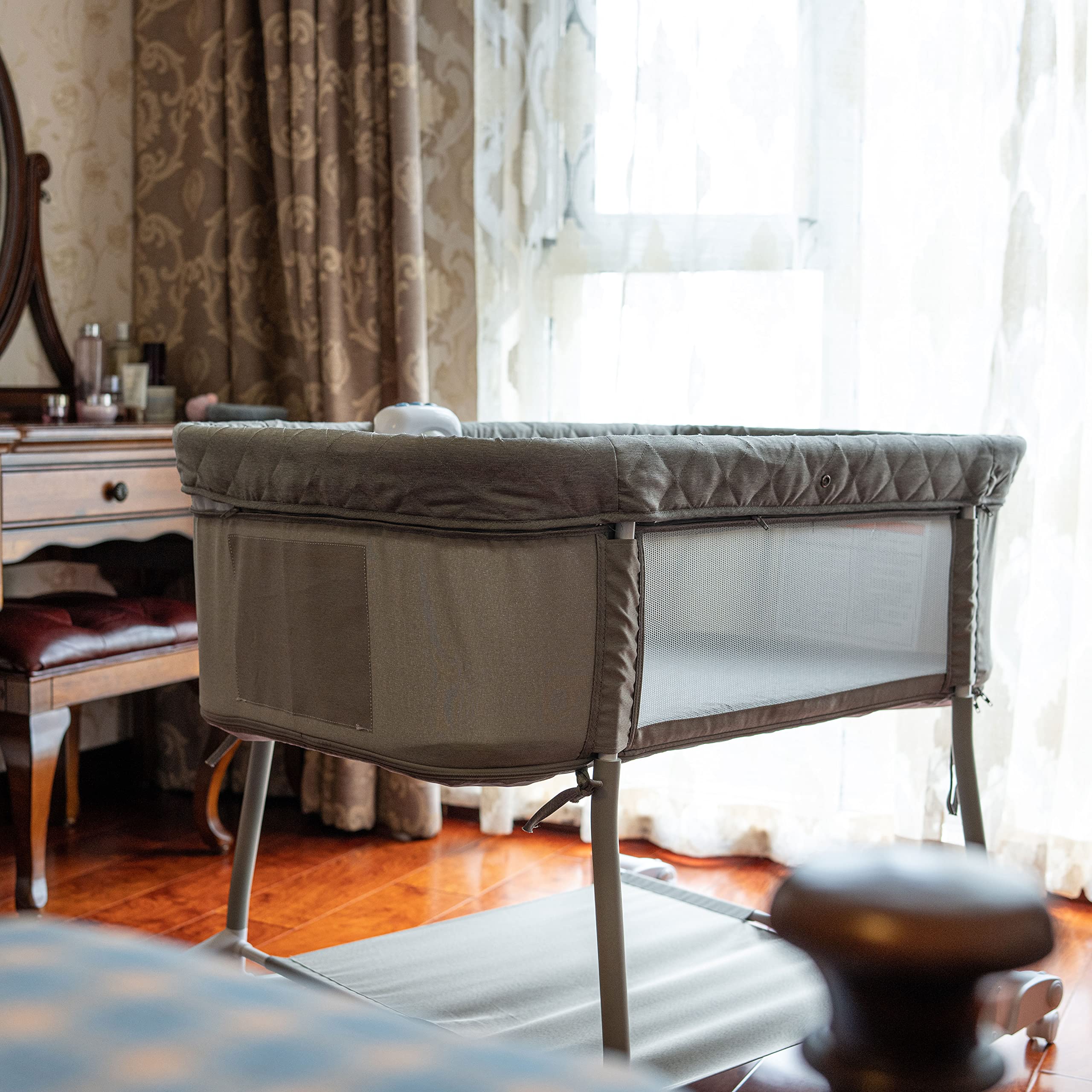 Portable 3-in-1 Baby Bassinet with Wheels - Breathable Mesh Bedside Sleeper, Rocking Crib & Playard with Mosquito Net, Night Light, Vibration & Music Box (Light Grey) - Perfect for Nursery, Bedroom & Travel