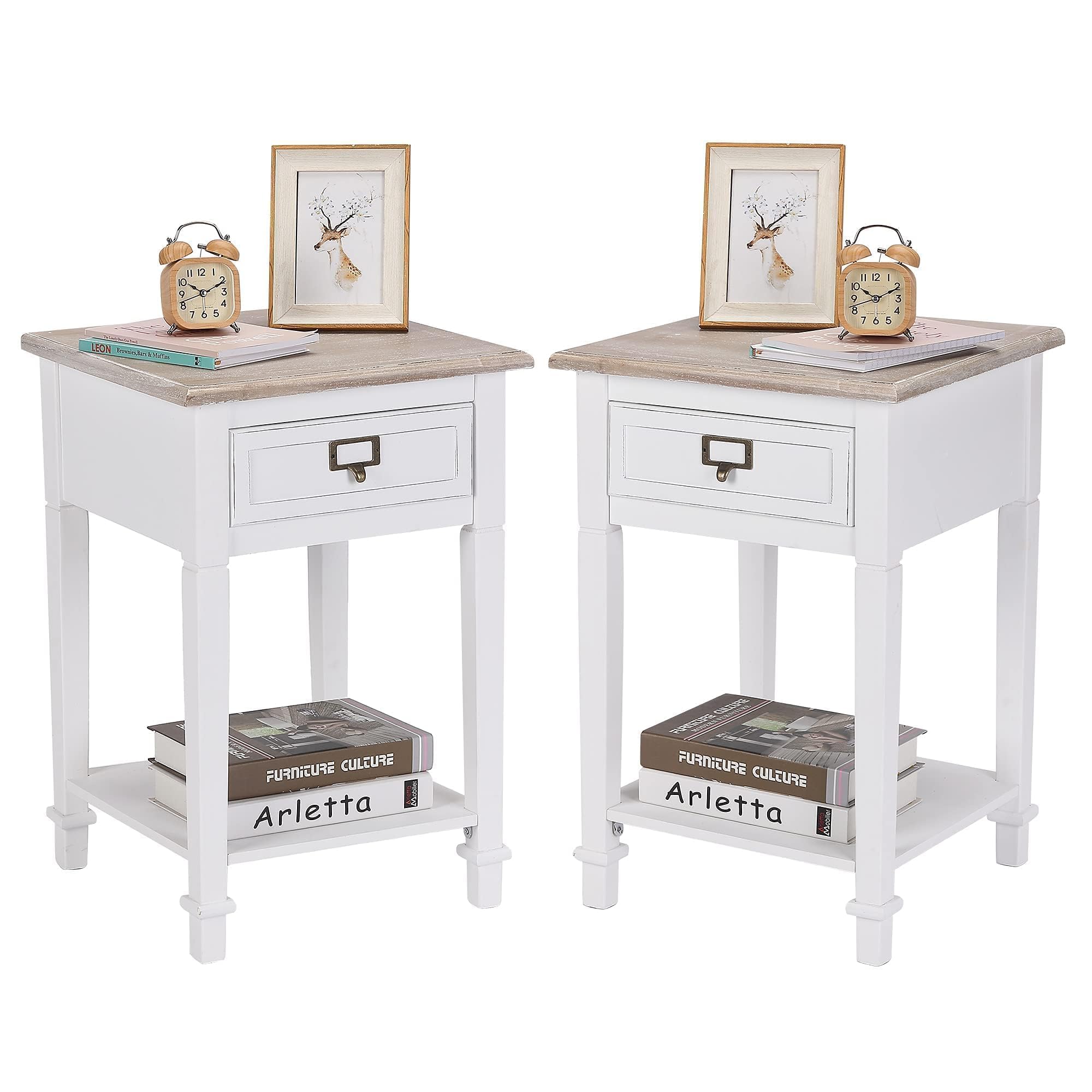 Rustic Farmhouse End Table with Drawers & Open Shelf - Handcrafted Wooden Nightstand for Living Room, Bedroom - Set of 2 White Accent Tables - Perfect for Cozy Home Decor & Small Space Storage