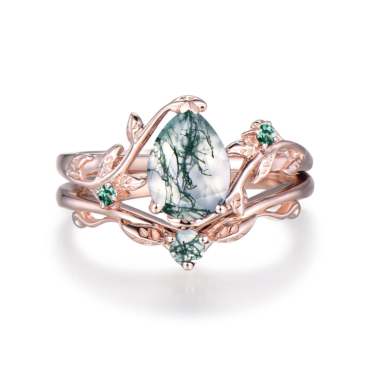 Natural Green Moss Agate Bridal Ring Set - 1.25ct Pear Cut Moss Agate & Rose Gold Vintage Branch Design Wedding Band, Leaf Twig Vine Engagement Ring, Unique Anniversary Gift with Gift Box - Perfect for Boho Weddings, Nature-Inspired Proposals & Romantic Occasions