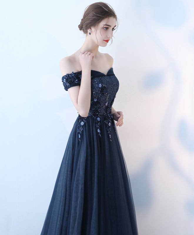 Elegant Blue Lace Tulle Long Prom Dress with Floral Embroidery - Formal Evening Gown for Homecoming, Wedding, and Special Occasions