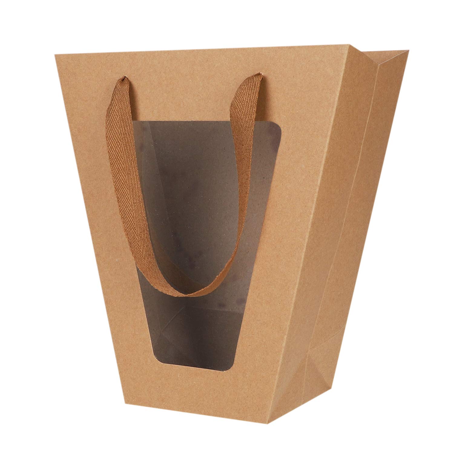 10 Pack Medium Kraft Paper Flower Bouquet Gift Bags with Handles & Clear Window - Eco-Friendly Florist Tote Bags for Wedding, Anniversary, Party Decorations & Gift Wrapping