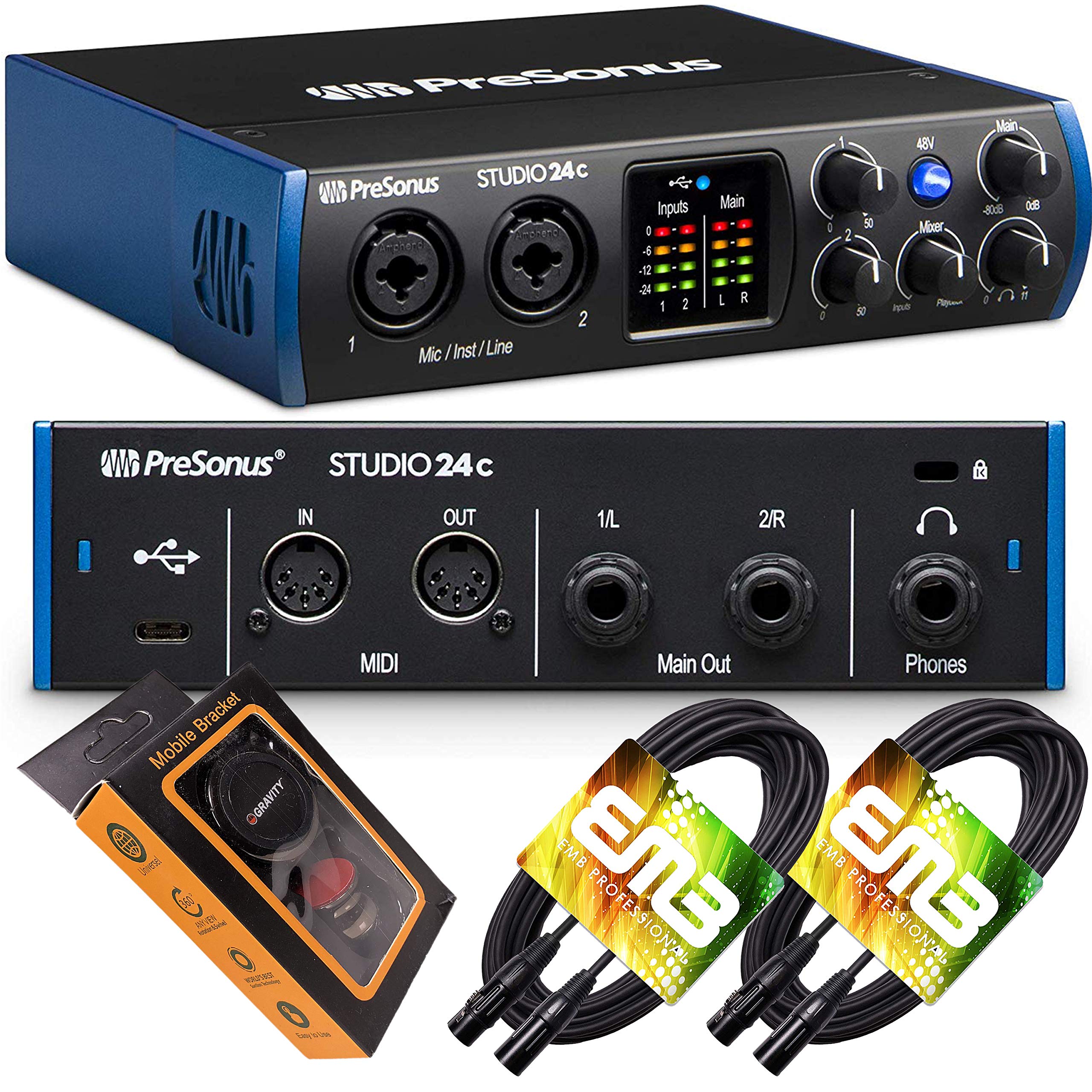 PreSonus Studio 24c USB-C Audio Interface with 2 XMAX-L Preamps, Headphone Output & MIDI I/O - Includes EMB XLR Cables & Gravity Mobile Bracket for Home Recording, Podcasting & Music Production