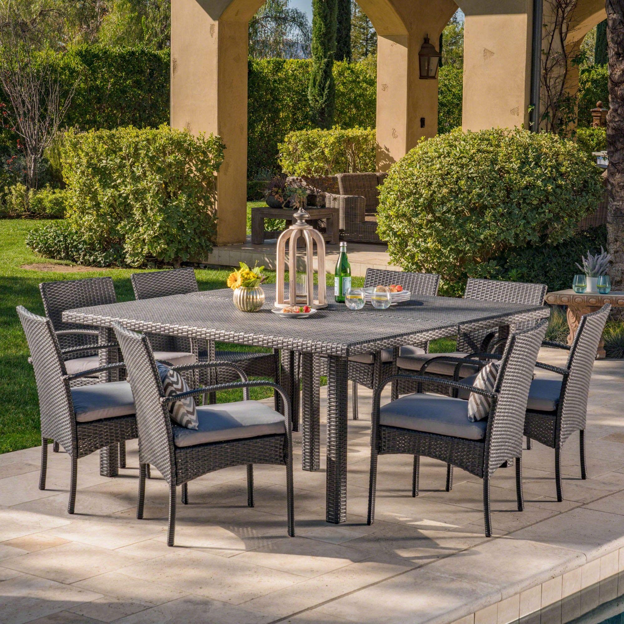 9-Piece Gray Square Wicker Outdoor Patio Dining Set with Cushions - Modern Rattan Furniture for Garden, Poolside & Backyard Entertaining