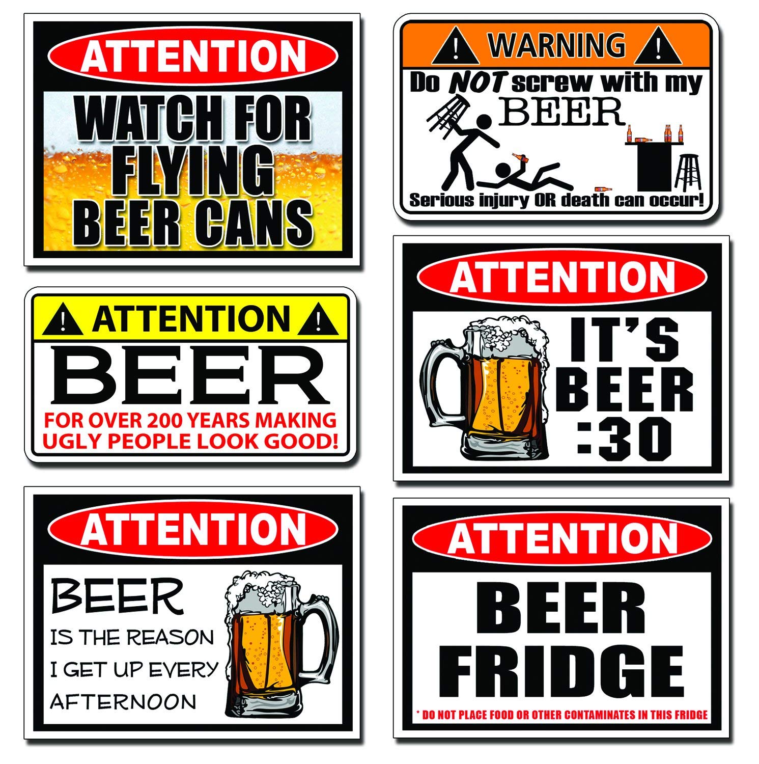 Funny Beer Warning Decal Sticker Set - 6 Pack for Party Decorations, Cooler Labels & Bar Accessories - Perfect for Home Bars, Man Caves & Gag Gifts