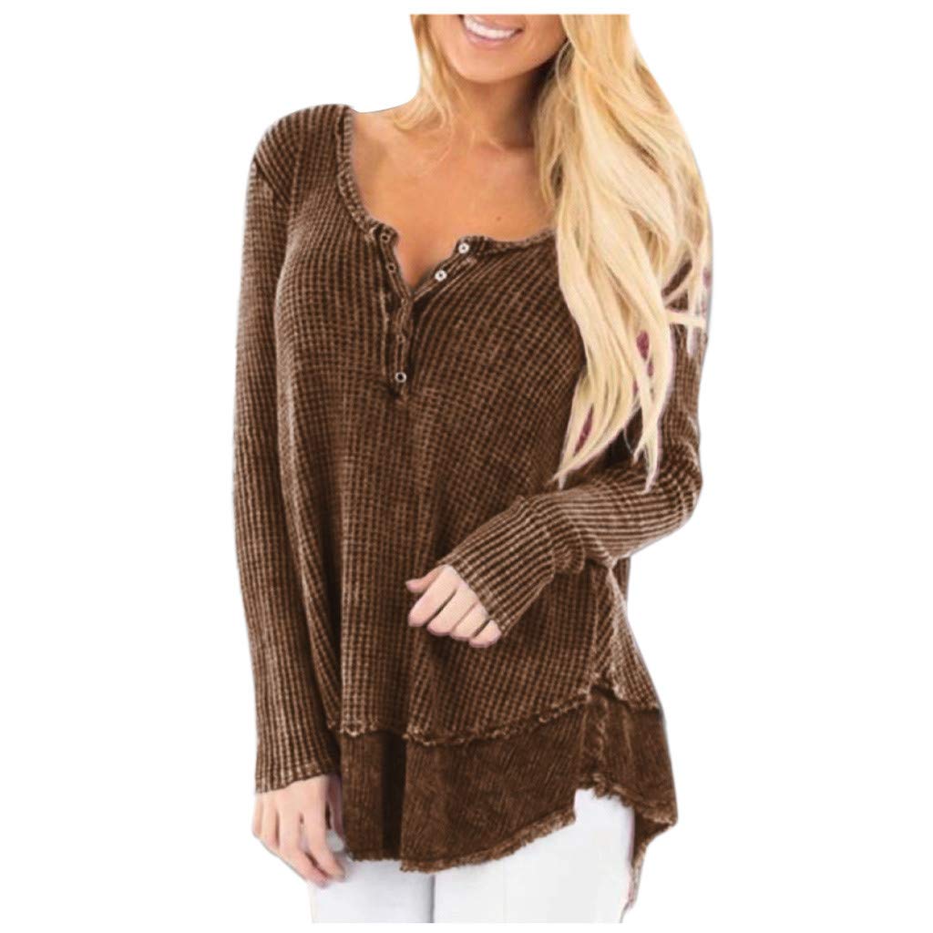 Women's Long Sleeve Waffle Knit Sweatshirt - Solid Color Casual Button Down V-Neck Pullover Top for Fall & Winter | Cozy Loose Fit for Work, Travel and Everyday Wear