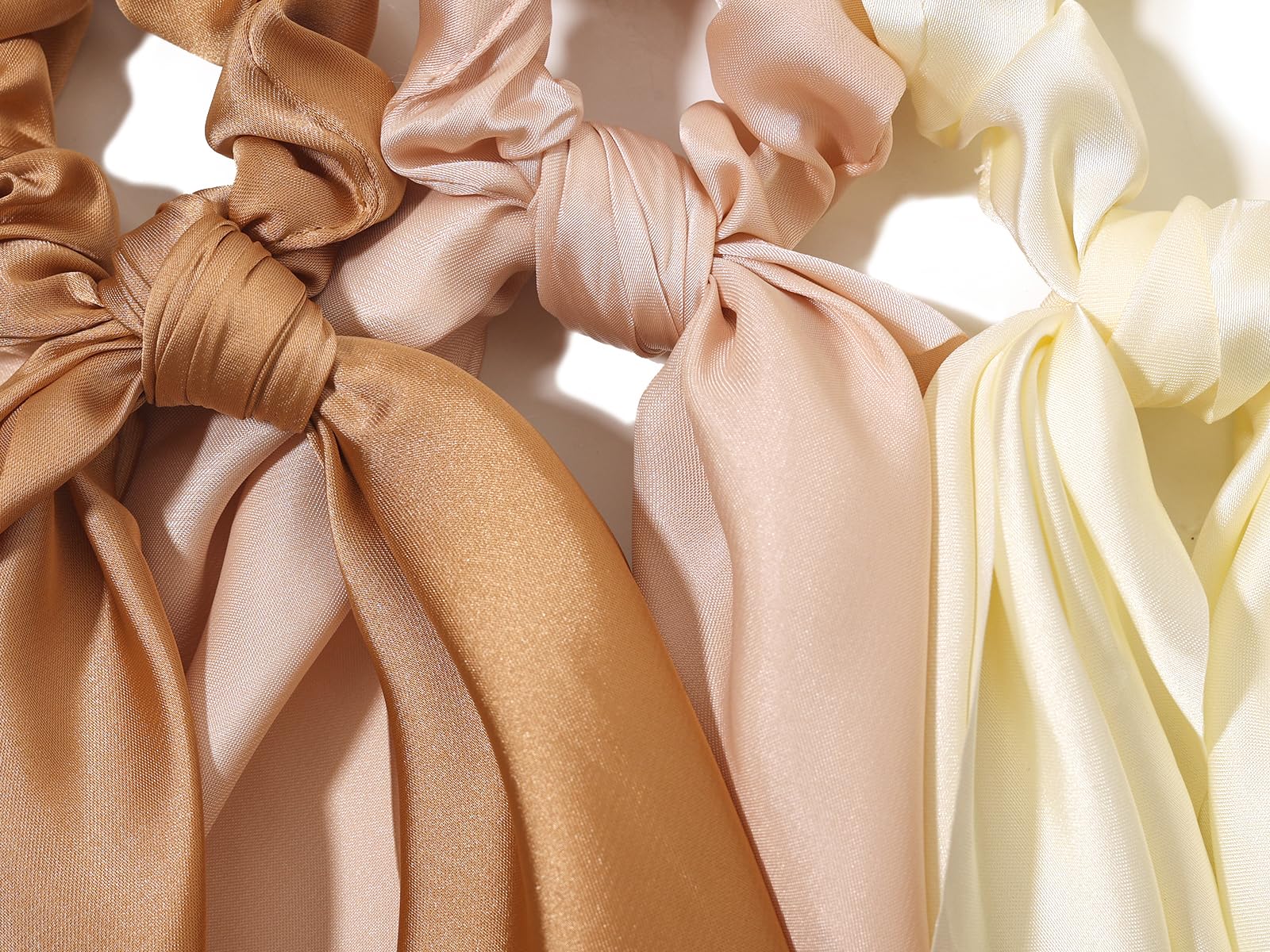 LFOUVRE 3PCS Satin Hair Scrunchie Set - Knotted Bow Hair Ties & Elastic Bands for Women & Girls - Soft Ponytail Holders (Camel, Apricot, Ivory) - Perfect for School, Work, Parties & Everyday Styling