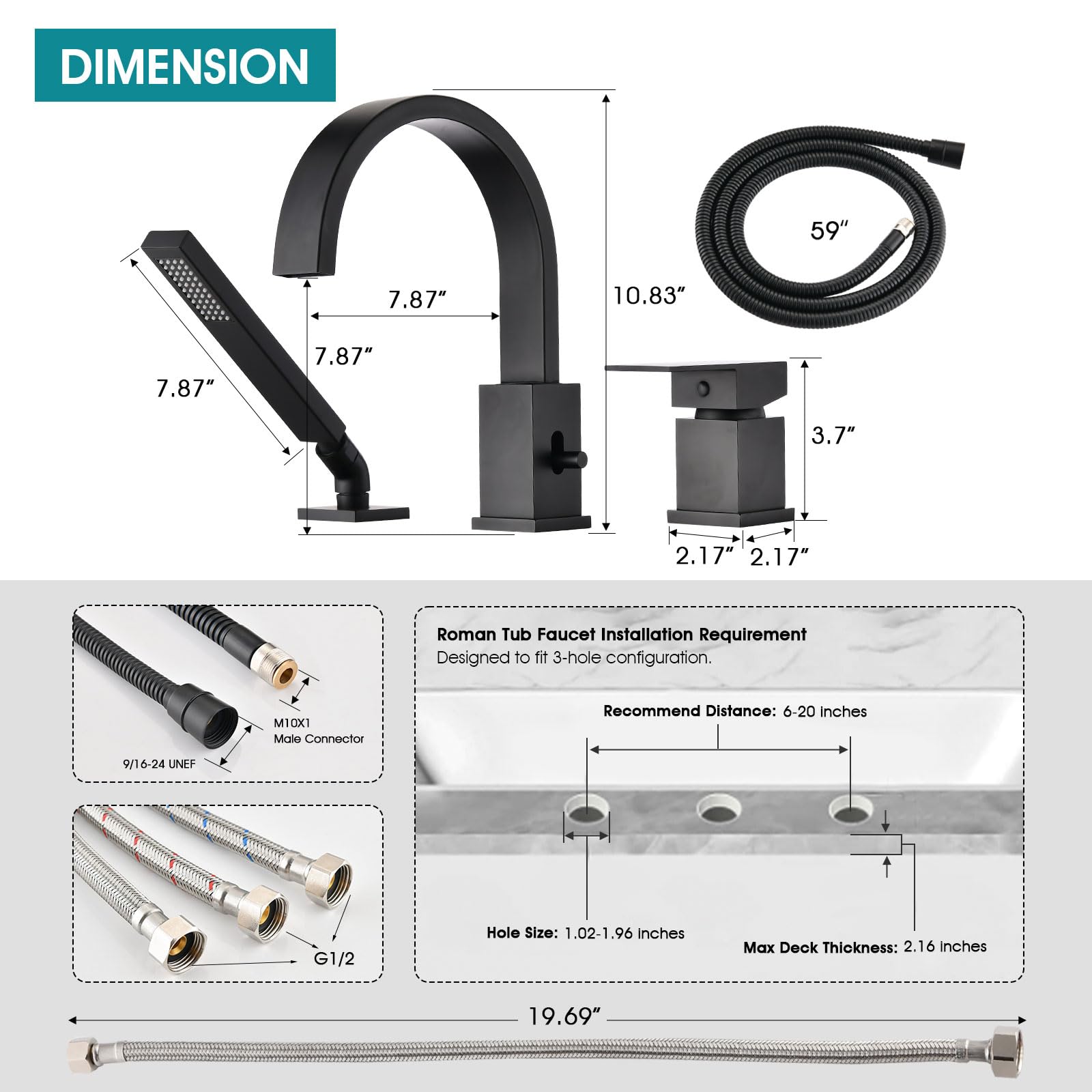Brass Roman Tub Faucet with Sprayer - Deck Mount Bathtub Faucet with Hand Shower - 3 Hole Waterfall Tub Faucet with 360° Swivel Spout - Single Handle High Flow Tub Filler (8 GPM) in Matte Black - Perfect for Luxury Bathrooms, Spa Retreats & Modern Home Decor