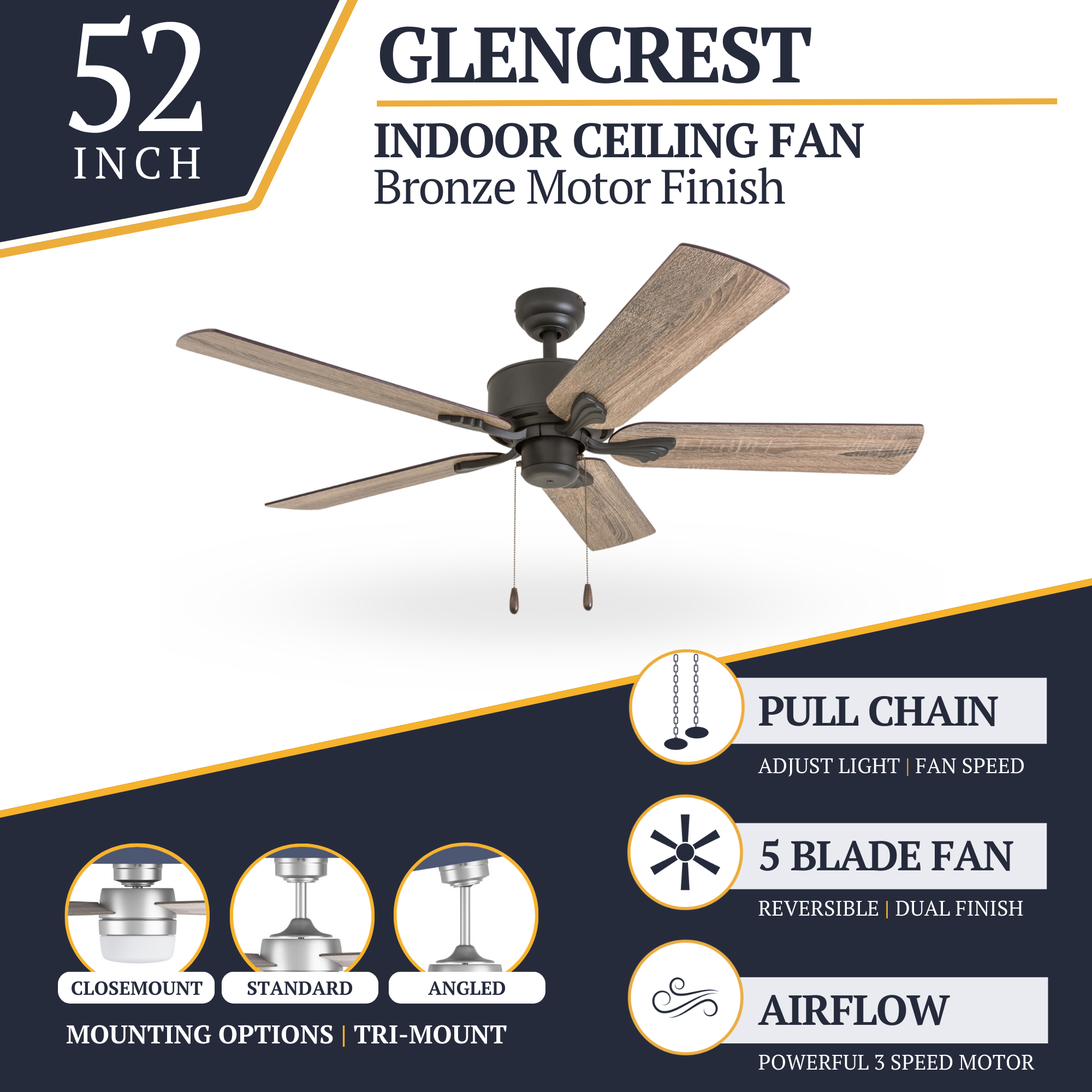 52 Inch Glencrest Bronze Ceiling Fan with Pull Chain - Energy Efficient Indoor/Outdoor Ceiling Fan for Living Room, Bedroom, Patio & More