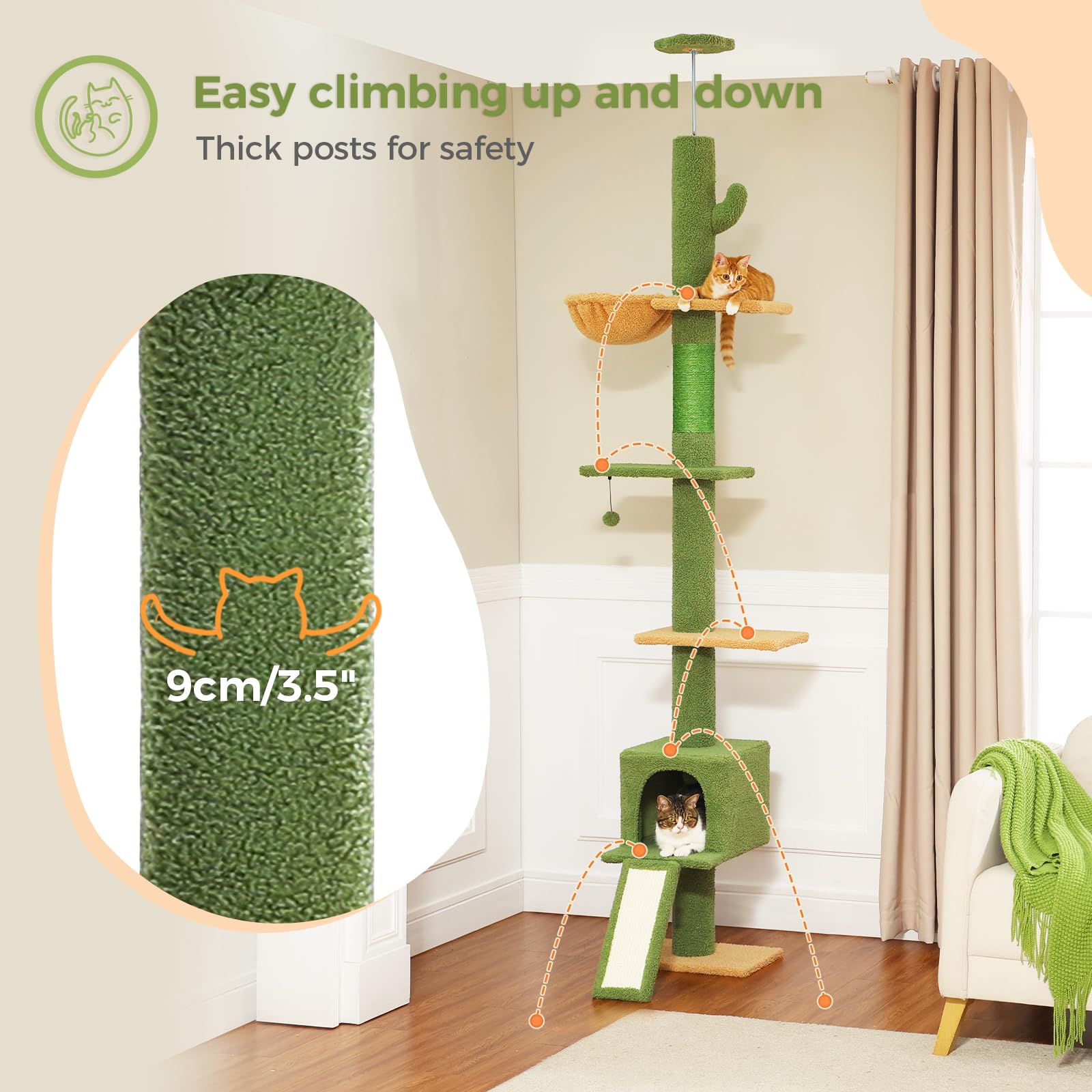 PAWZ Adjustable Floor-to-Ceiling Cat Tree Tower (82.7''-107.8'') - Tall Cactus Design Cat Climbing Furniture with Scratching Post, Ladder, Hammock & Condo for Indoor Cats - Perfect for Small Spaces & Cat Play Areas - Green