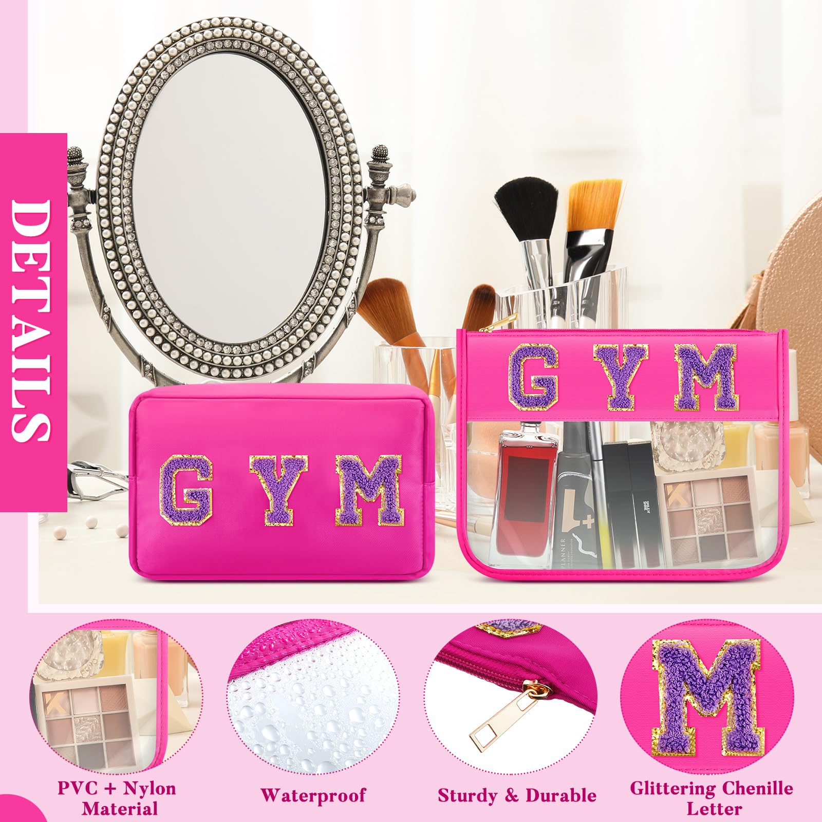 2-Pack Pink Preppy Gym Letter Cosmetic Bags with Clear Zipper Pouch - Cute Gymnastics Gifts for Women, Travel Makeup Organizer - Perfect for Gymnast Party Favors, Dance Competitions & Sports Team Gifts