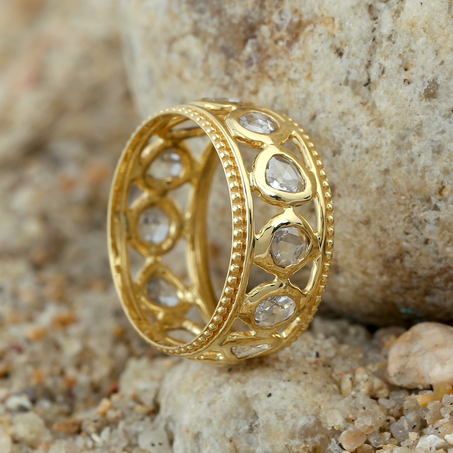 Bezel Set Uncut Diamond 18k Yellow Gold Band Ring - Elegant Wedding, Engagement & Anniversary Jewelry Gift for Women