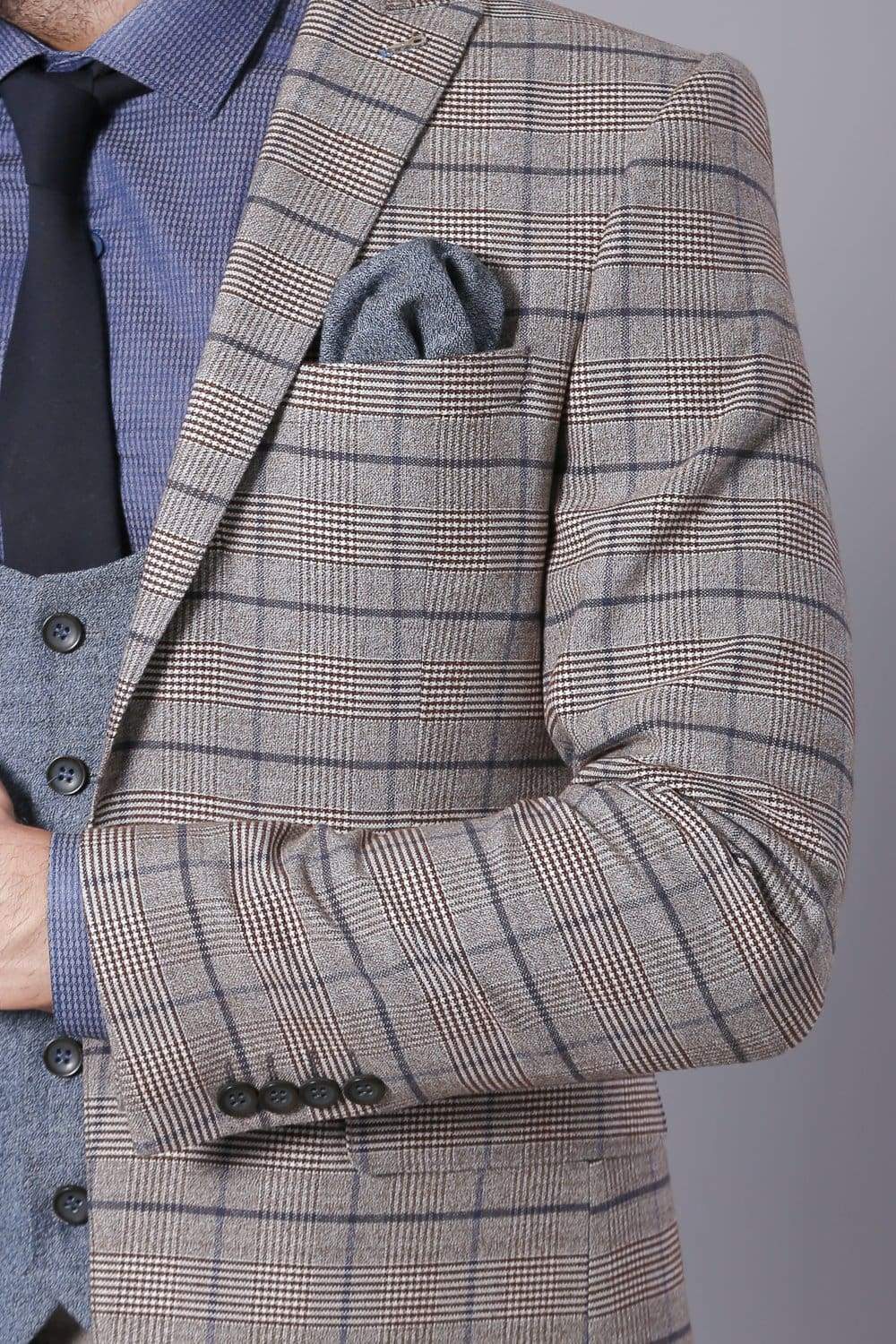 Rocco Men's 3 Piece Beige Blue Tweed Check Slim Fit Suit - Formal Business Attire for Weddings, Office & Special Occasions