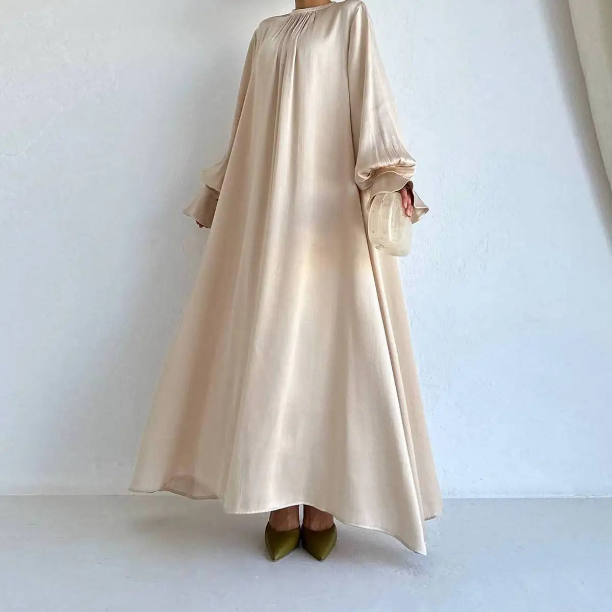 Elegant Ruffle Sleeve Satin Abaya Dress for Women - Modest Islamic Prayer Dress - Perfect for Eid, Wedding & Special Occasions