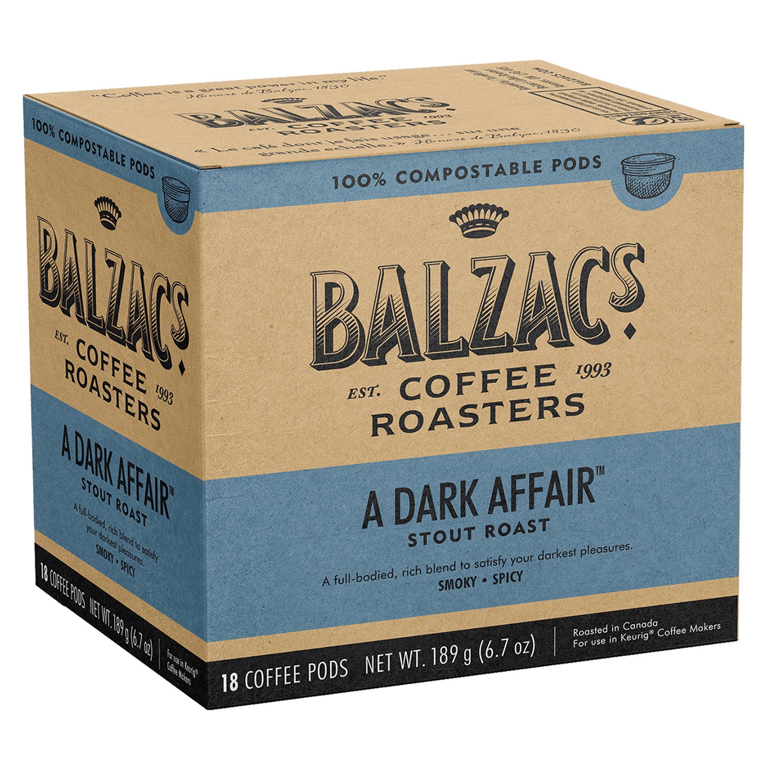 Balzac's A Dark Affair 100% Compostable Keurig® Compatible Coffee Pods - 18 Count | Rich Dark Roast for Morning Brew & Office Use