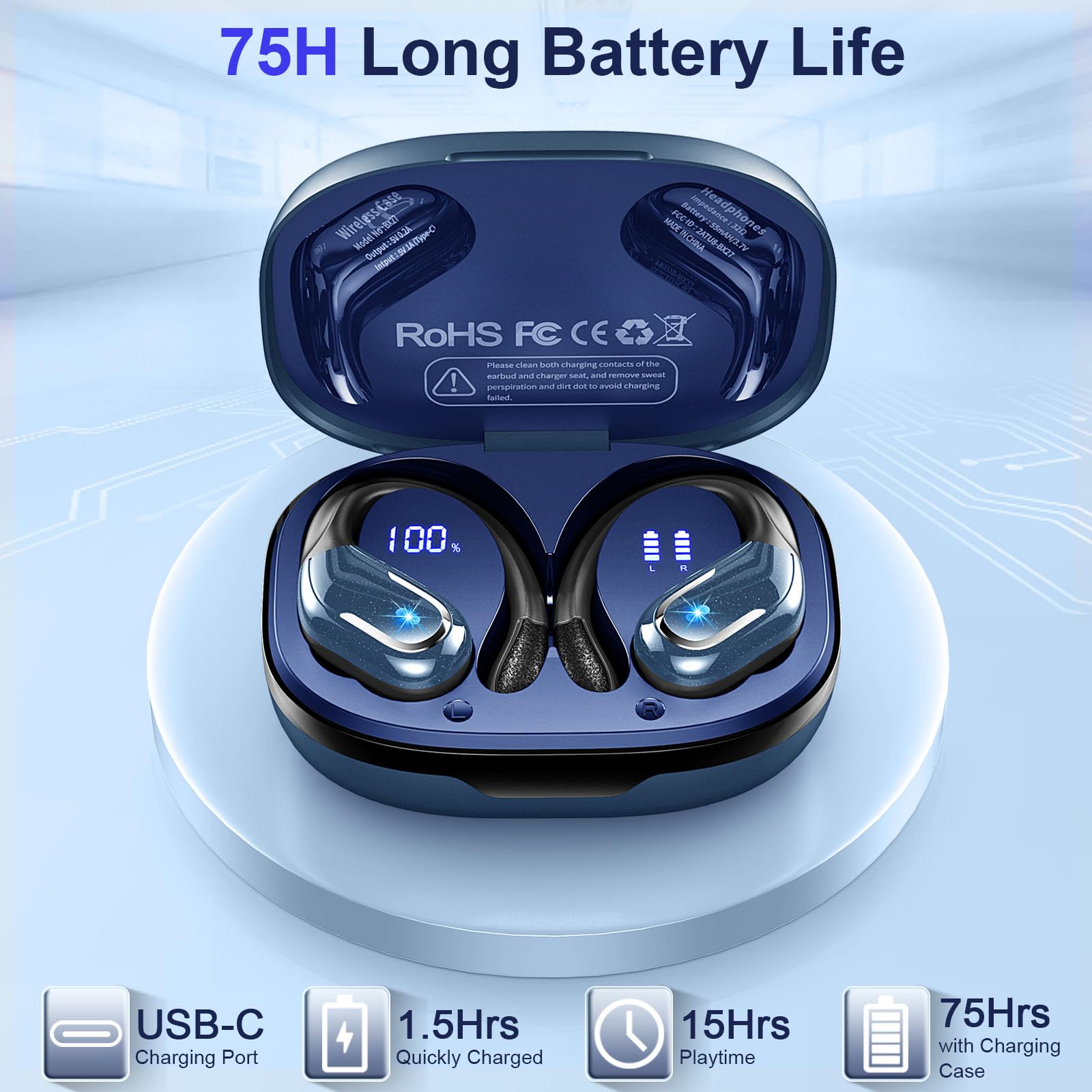 2024 Wireless Bluetooth 5.4 Earbuds with 75H Playtime, 4 ENC Mic Noise Cancelling - IP7 Waterproof Over-Ear Sport Headphones for Running, Workout & Gym | Perfect for Fitness, Commuting & Outdoor Activities