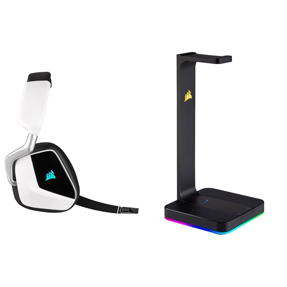 Corsair VOID ELITE RGB Wireless Gaming Headset with ST100 RGB Premium Headset Stand - White & Black (Durable Aluminum Construction, Dynamic 9-Zone RGB Lighting, 3.5mm Input) - Perfect for PC, PS5, Xbox Gaming & Streaming