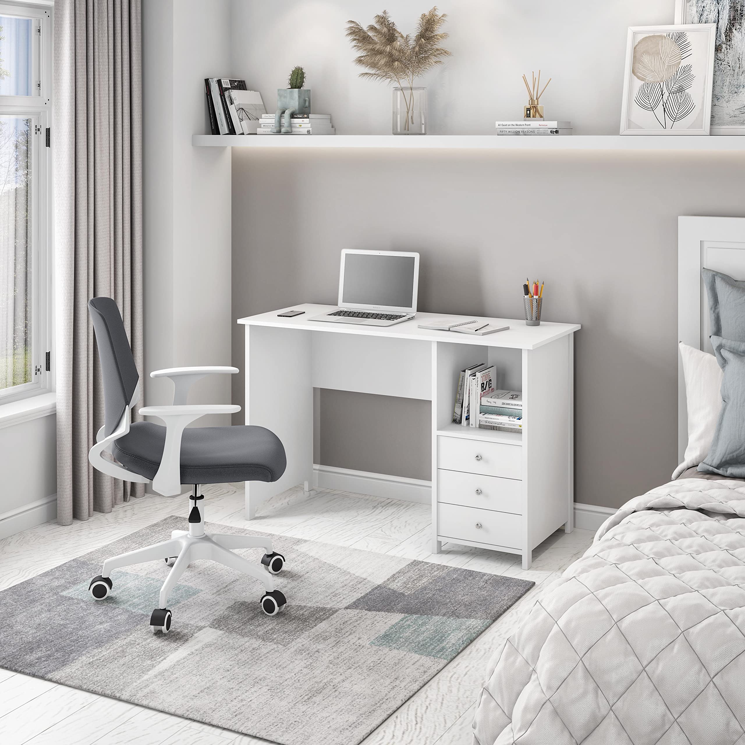 Techni Mobili White Office Desk with 3 Drawers & Open Shelf - Compact Laminated Wood Computer Desk for Small Spaces, Home Office, Bedroom & Study | Perfect for Remote Work, Online Classes & Crafting