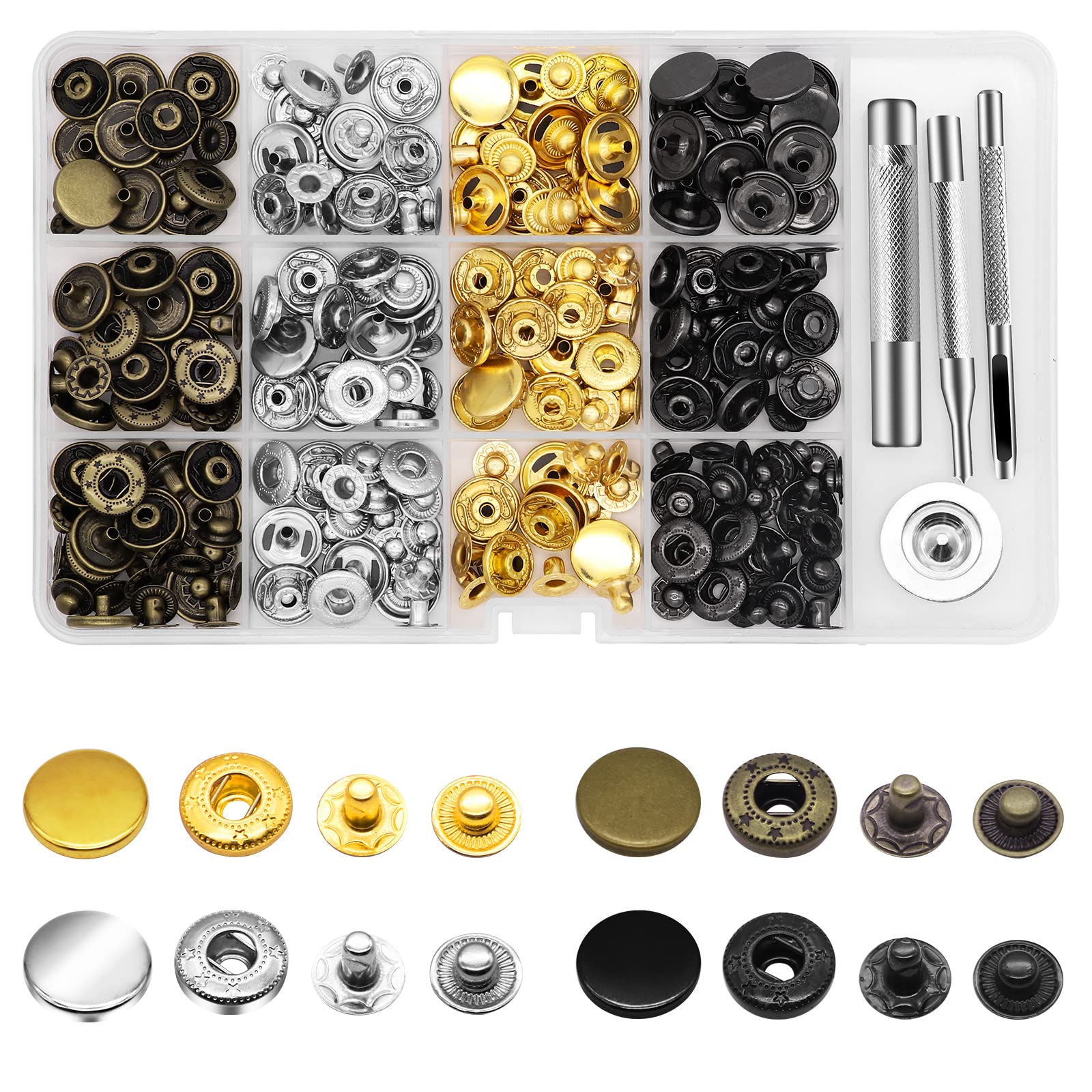 Alritz 15mm Leather Snap Fasteners Kit - 72 Set Metal Button Snaps with 4 Tools for DIY Clothing, Jackets, Jeans, Bracelets & Bags | 6 Color Options | Perfect for Sewing, Crafting & Leatherwork Projects