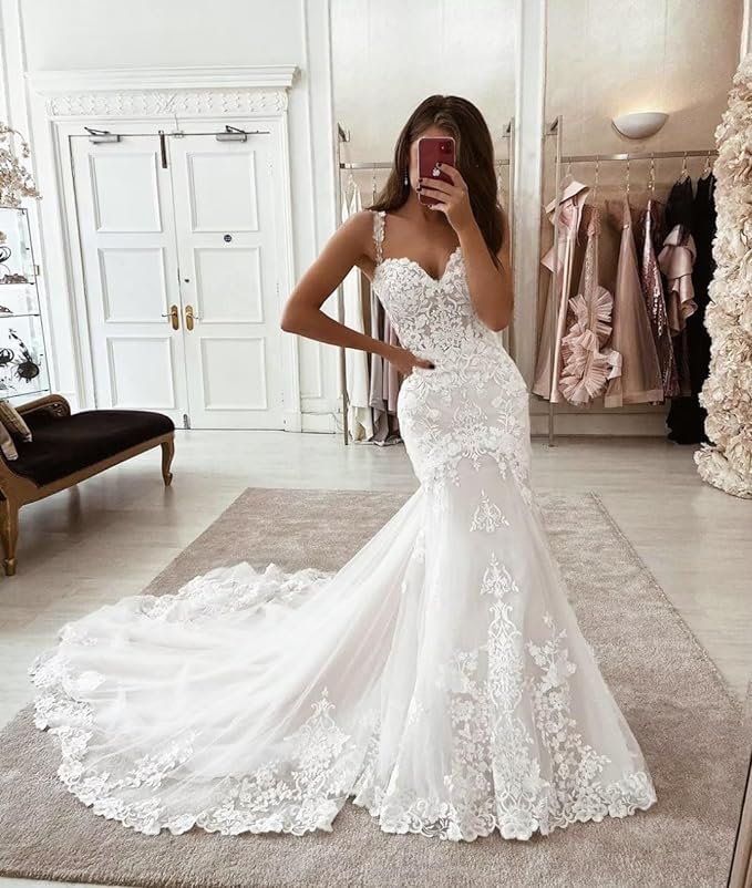 Elegant Lace Applique Wedding Dress for Bride - Spaghetti Straps Mermaid Bodycon Bridal Gown with Train - Perfect for Beach, Church, and Formal Weddings