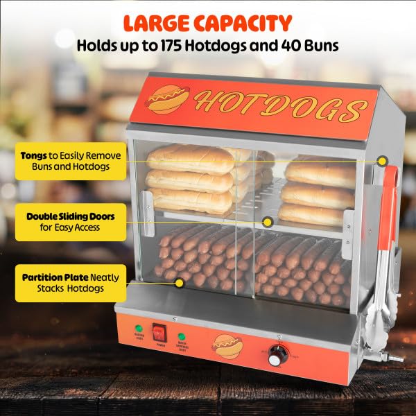 Commercial Hot Dog Steamer Machine - 34.5L Capacity, 1200W Power with Bun Warmer - Holds 175 Hot Dogs & 40 Buns - Great Northern Popcorn Hotdog Maker for Restaurants, Carnivals & Food Trucks