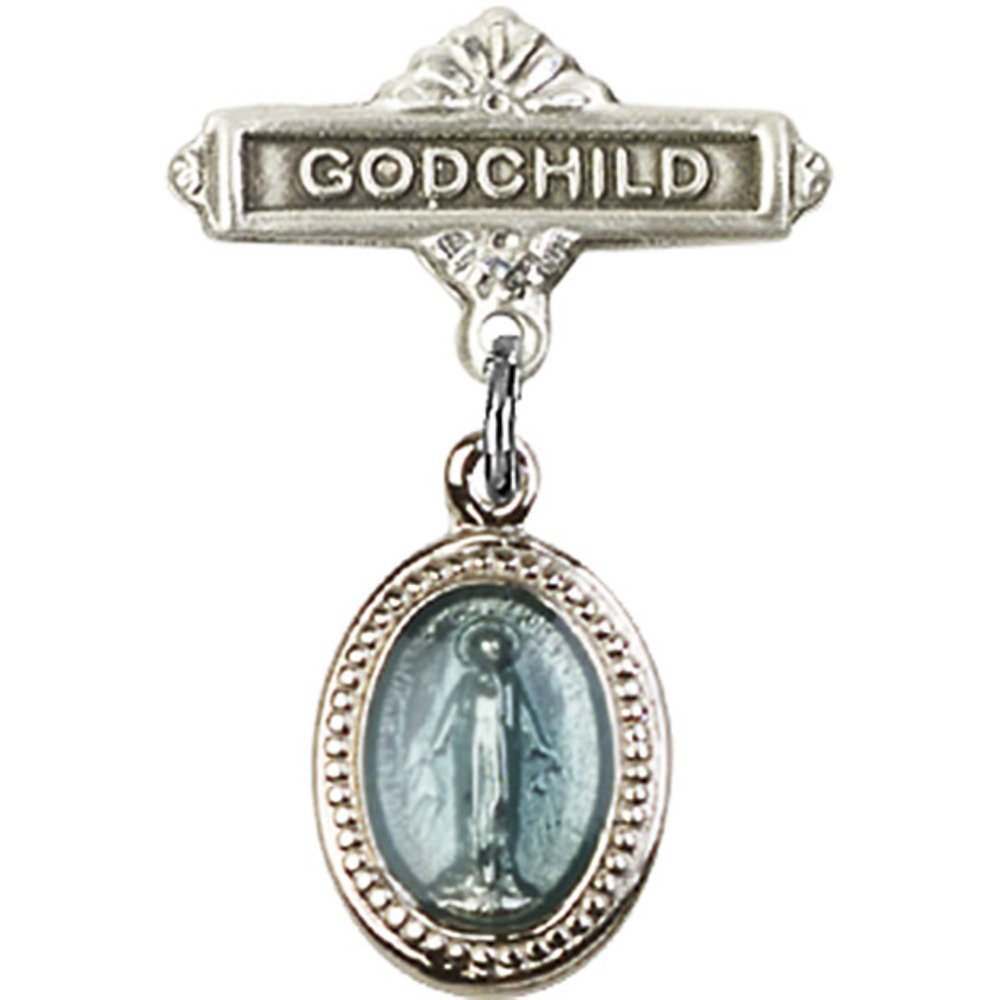 Sterling Silver Baby Badge with Blue Miraculous Charm - Godchild Baptism Pin (1 X 5/8 inches) - Perfect for Christening Gifts, Baby Showers & Religious Ceremonies