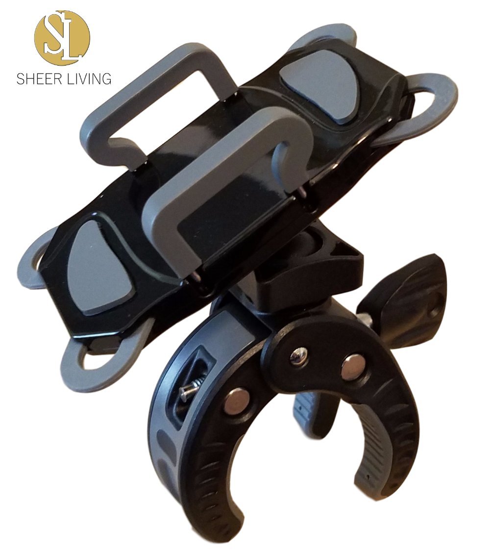 Universal Baby Stroller & Shopping Cart Phone Holder - Adjustable Handlebar Mount for iPhone, Samsung & Smartphones - Perfect for Golf Cart, Bike, Motorcycle, Scooter, ATV, Boat, Spin Bike & Treadmill - Durable Grey Phone Clamp for Hands-Free Use While Exercising, Shopping or Traveling