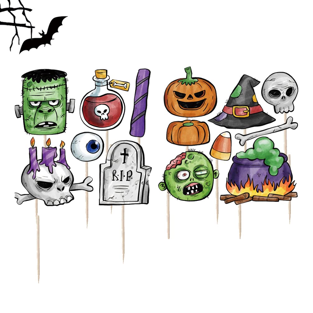 PRETYZOOM 28pcs Halloween Cupcake Toppers - Pumpkin Ghost Skull Cake Decorations for Halloween Party Supplies | Spooky Baking Decor for Cupcakes, Cakes & Desserts