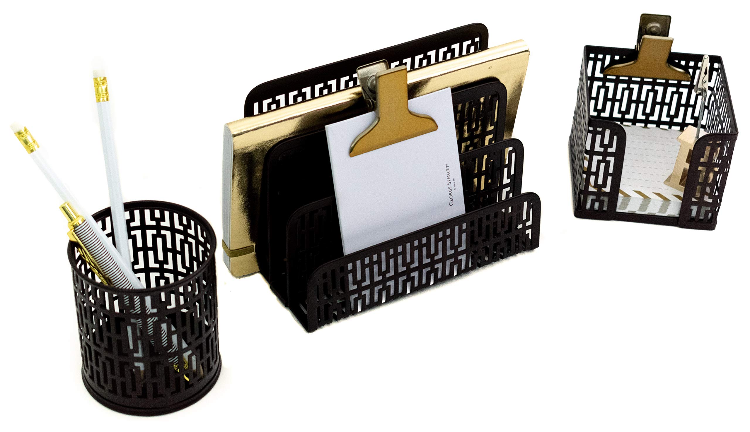 BLU MONACO Bronze Desk Organizer Set - 3 Piece Office Accessories with Letter Tray, Sticky Note Holder & Pen Cup - Modern Trellis Pattern for Women & Men - Perfect for Home Office, Workspace & Gift Giving