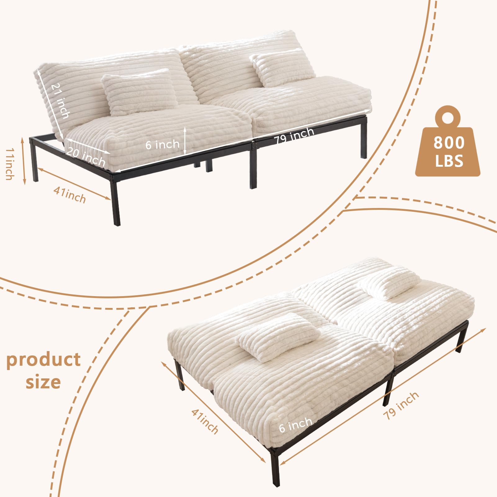 MAXYOYO Convertible Futon Sofa Bed - 3-in-1 Sleeper Couch for Small Spaces, Guest Room & Living Room - Comfortable White Futon with Easy Fold Mechanism - Perfect for Apartments, Dorms and Home Offices