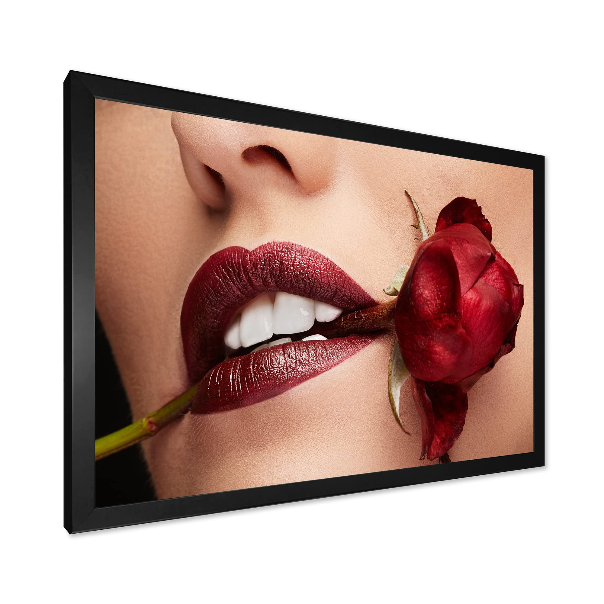 DesignQ Modern Framed Wall Art - Woman with Red Lipstick Holding Rose in Mouth - Elegant Home & Office Decor for Living Room, Bedroom, or Gift