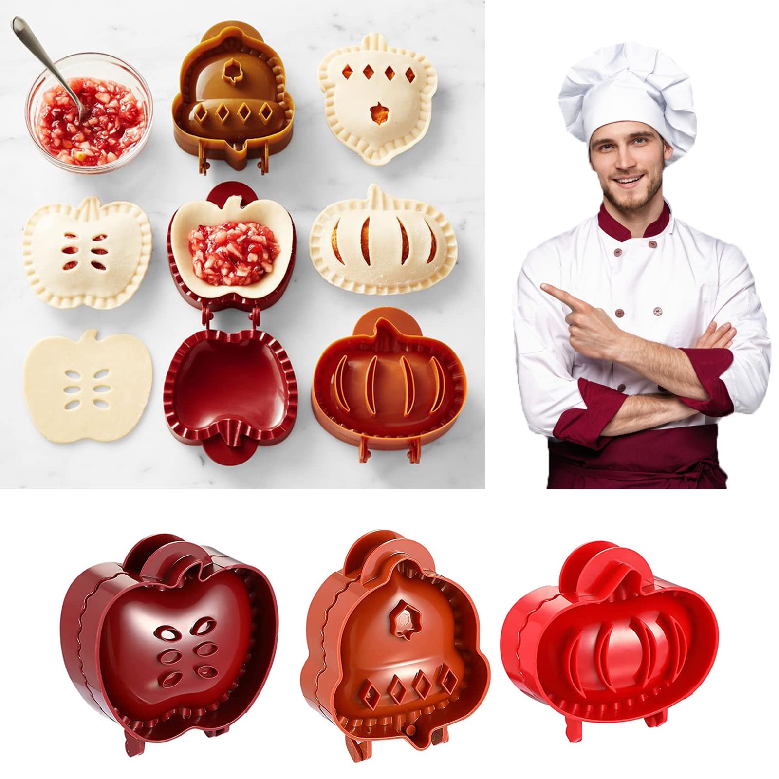 Mini Pie Molds Set of 3 - Dough Presser for Baking Hand Pies | Apple, Pumpkin & Acorn Shaped Pocket Pie Makers | Perfect for Party Potlucks, Holiday Baking & Homemade Desserts (Red)